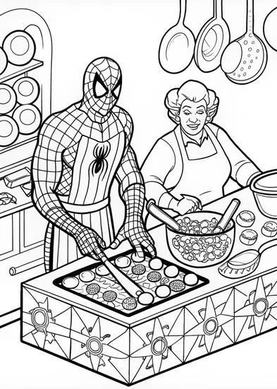 A coloring page of Spider-Man Cooking in the Kitchen Coloring Page