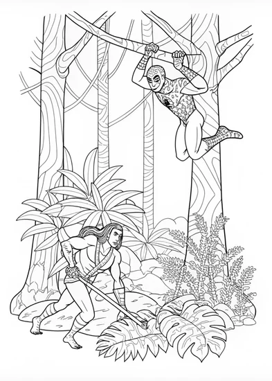 A coloring page of Spider-Man in the Jungle Adventure