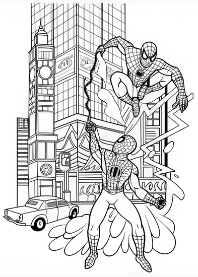 A coloring page of Spider-Man in Action: City Swing Coloring Page