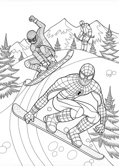 A coloring page of Spiderman Snowboarding Adventure