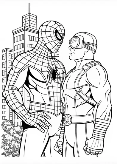 A coloring page of Spiderman fighting Cyclops
