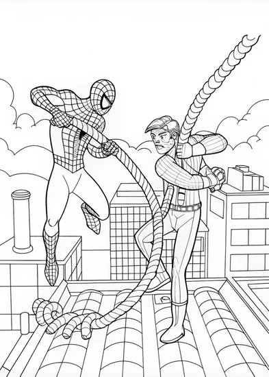 A coloring page of Spider-Man Overlooking the City