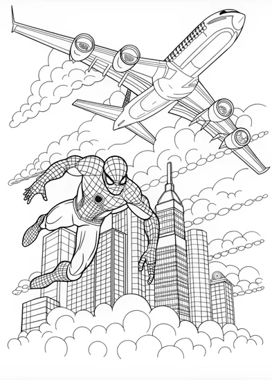 A coloring page of Spider-Man Swings Through the City Skyline