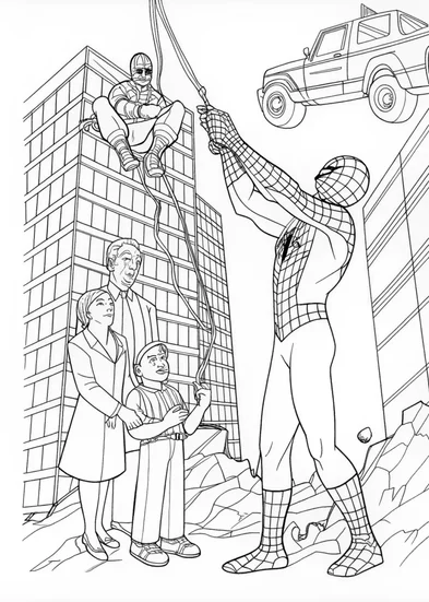 A coloring page of Spider-Man Soars Through the City Skylines