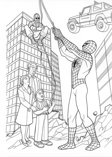 A coloring page of Spider-Man Soars Through the City Skylines