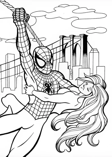 A coloring page of Spider-Man and Spider-Woman on the Bridge Adventure