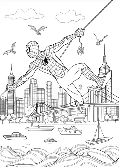A coloring page of Spiderman over the Hudson River