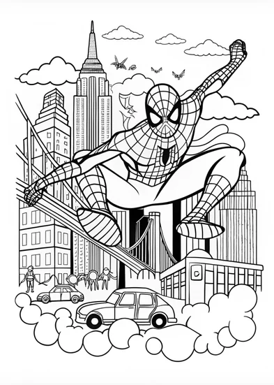 A coloring page of Spiderman in NYC