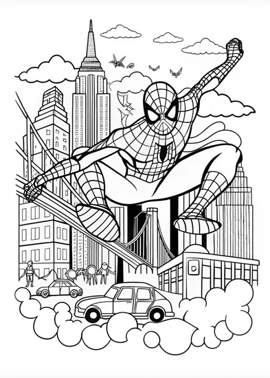 A coloring page of Spiderman in NYC