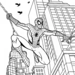 Spiderman swinging between skyscrapers