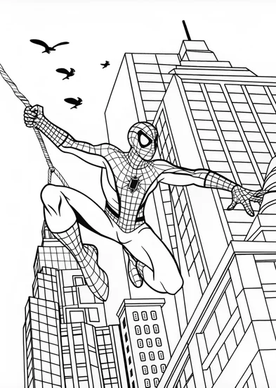 A coloring page of Spiderman swinging between skyscrapers