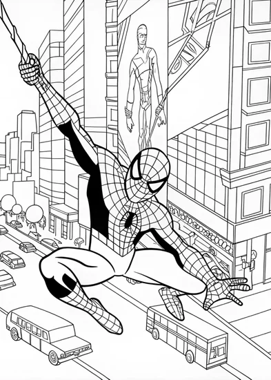 A coloring page of Spiderman in Times Square