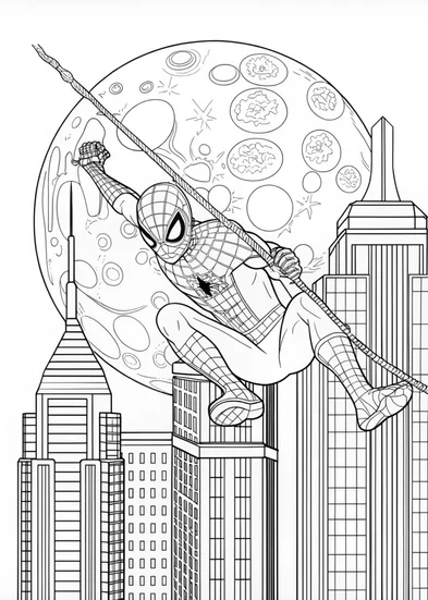 A coloring page of Spider-Man under the moon