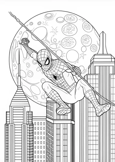 A coloring page of Spider-Man under the moon