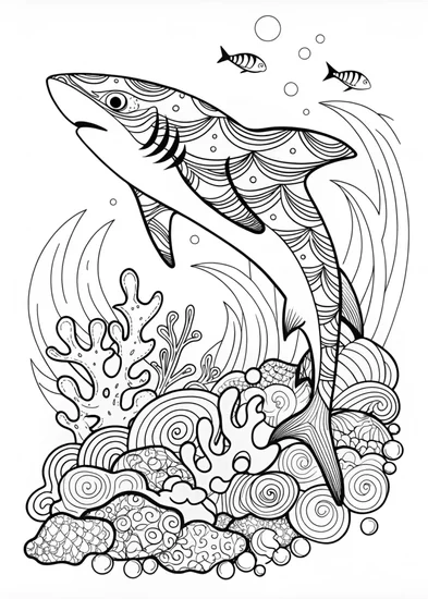 A coloring page of Shark in the Ocean Scene Coloring Page