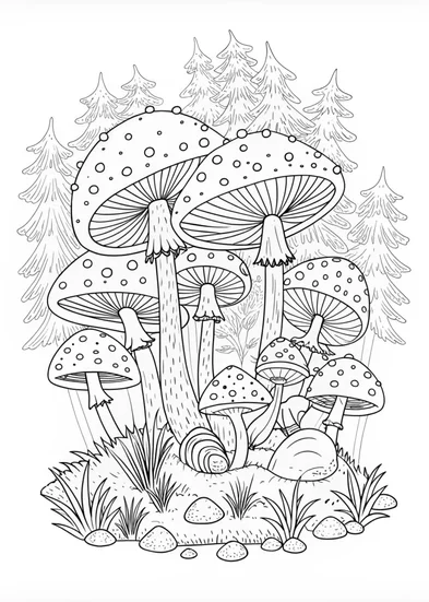 A coloring page of Magical Mushroom Wonderland