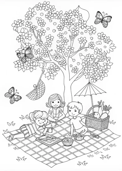 A coloring page of Spring Picnic with Friends Under the Blossoming Tree
