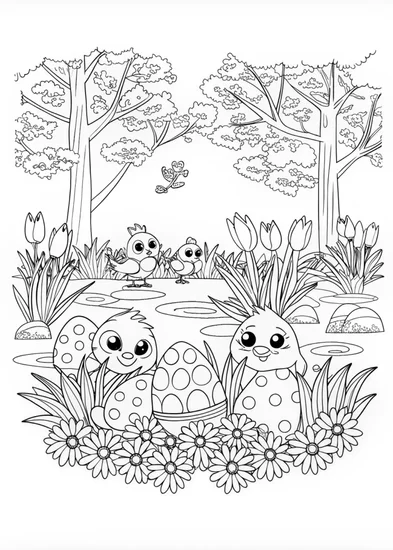 A coloring page of Springtime Hatchlings and Blossoms