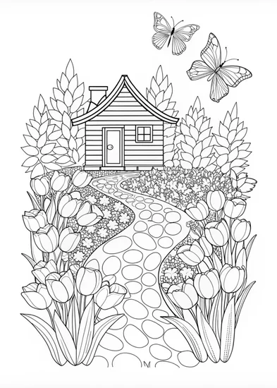 A coloring page of Springtime Tulip Garden Path