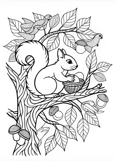 A coloring page of Squirrel in the Forest Coloring Page