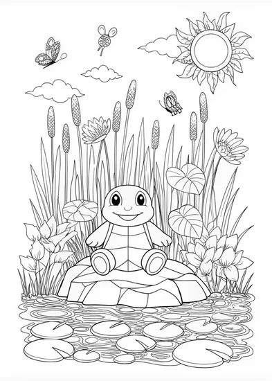 A coloring page of Squirtle’s Adventure in the Wild