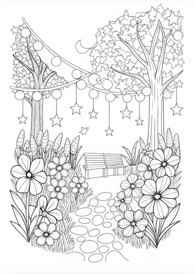 A coloring page of Starry Night Landscape Coloring Page