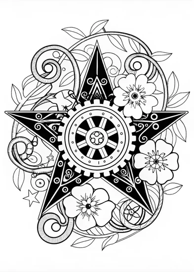 A coloring page of Guiding Star Over Rolling Hills