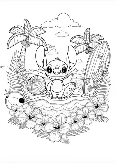 A coloring page of Stitch in the Garden Coloring Fun