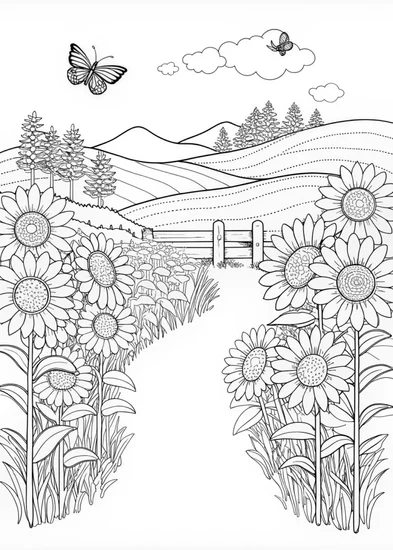 A coloring page of Sunflower Fields Pathway Coloring Page