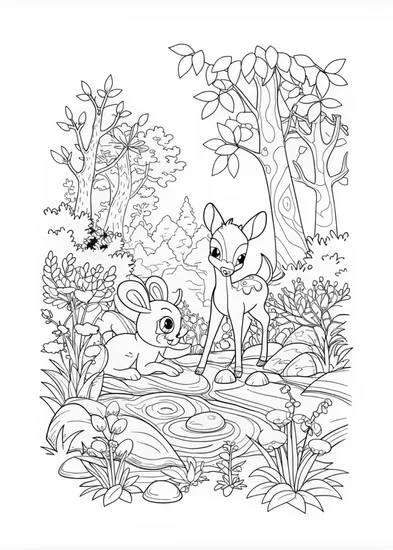 A coloring page of Sunny Day with Bambi and Friends