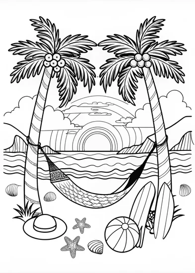 A coloring page of Sunrise at the Tropical Beach Coloring Page