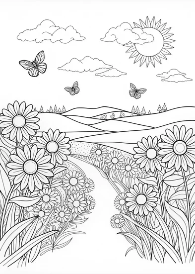A coloring page of Sunrise Over a Field of Sunflowers