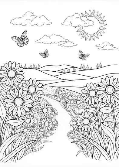 A coloring page of Sunrise Over a Field of Sunflowers