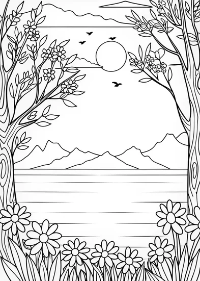 A coloring page of Sunset Serenity by the Lake