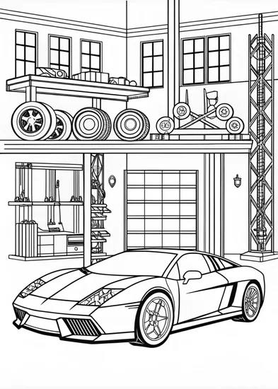 A coloring page of Supercar Ready in the Ultimate Garage