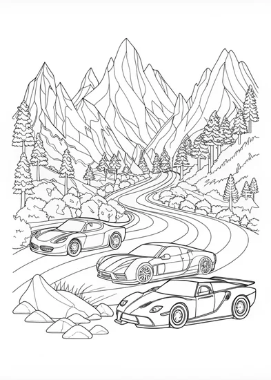 A coloring page of Supercars in the Mountain Valley