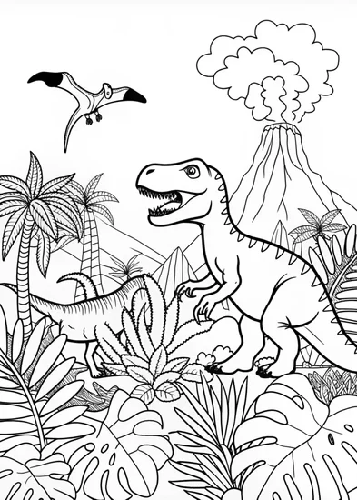A coloring page of T-Rex Adventure in a Prehistoric World
