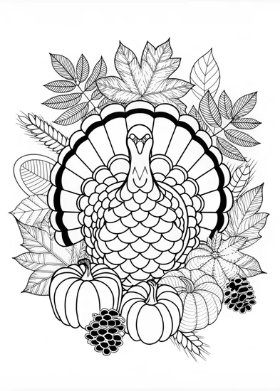 A coloring page of Thanksgiving Turkey and Autumn Leaves Coloring Page
