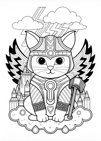 A coloring page of Robo-Cat Adventure in Rainbow Valley
