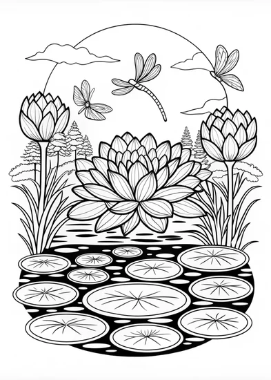 A coloring page of Tranquil Lotus Pond Coloring Page