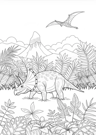 A coloring page of Triceratops Grazing in a Prehistoric Field