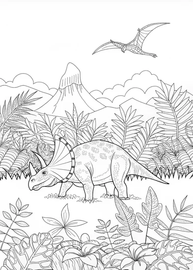 A coloring page of Triceratops Grazing in a Prehistoric Field