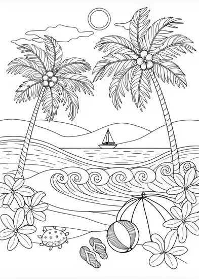A coloring page of Tropical Beach Paradise Coloring Page