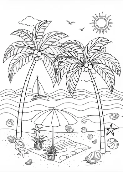 A coloring page of Tropical Beach Bliss Coloring Page