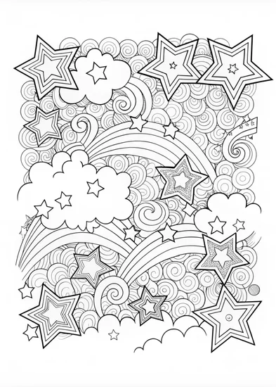 A coloring page of U is for Universe: Stars, Hearts, and Clouds Coloring Fun