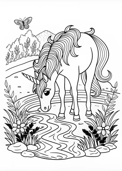 A coloring page of Unicorn by the Tranquil River