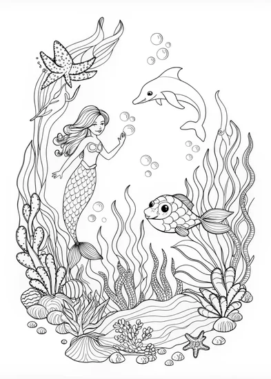 A coloring page of Underwater Adventure with a Mermaid