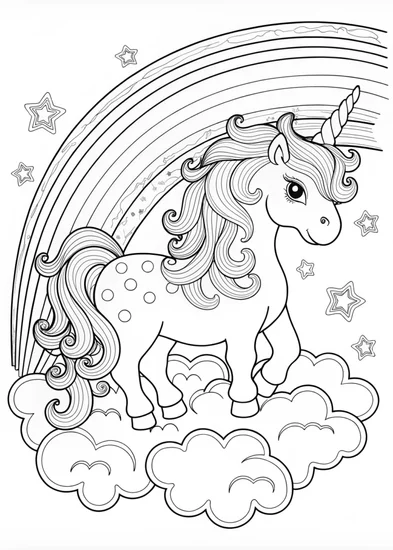 A coloring page of Unicorn on a Cloud with a Rainbow
