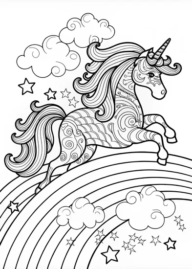 A coloring page of Majestic Unicorn Under the Rainbow