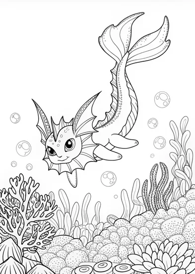A coloring page of Vaporeon in Tranquil Waters Coloring Page